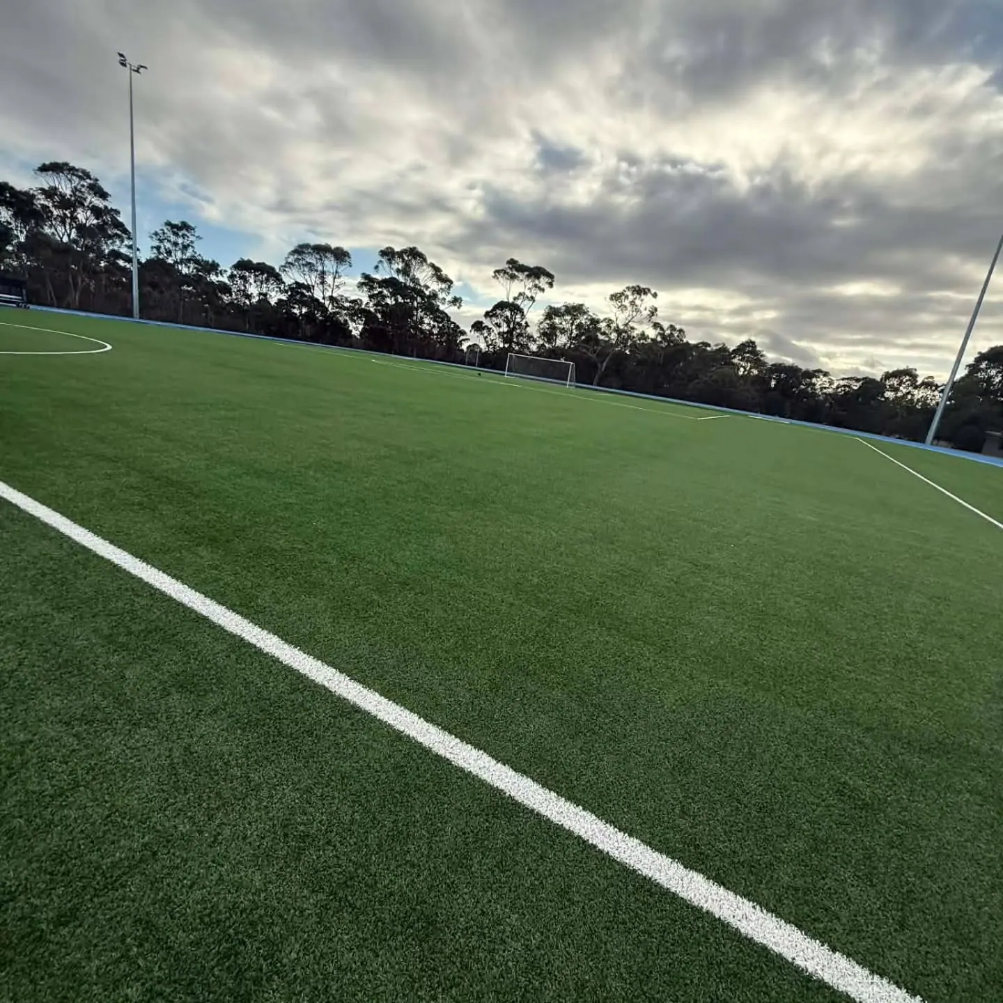 Well maintained synthetic football pitch under a cloudy sky